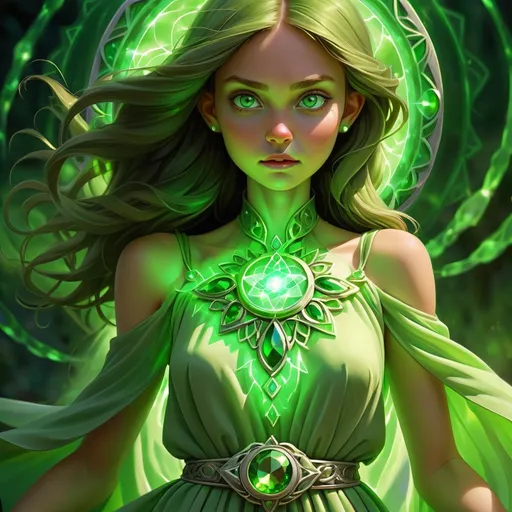 Prompt: Girl of green magic dressed in green. Charges of green energy disburst from green aura that surrounds her. Detail medallian green jewel on dress
