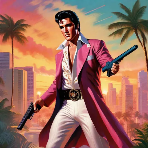 Prompt: Elvis Presley in GTA Vice city guns, thugs, money, guns, ski masks, baseball bats, cityscape gang life atmosphere, box art style, Fully detailed painting by Greg Rutkowski and by Henry Justice Ford and by Steve Henderson, detailed artwork by Roxie Vizcarra and by Stephen Bliss.
