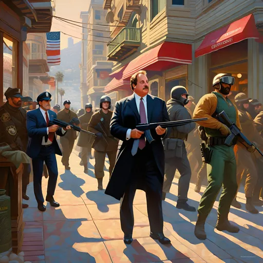 Prompt: JON LOVITZ GTAV,  Guns, thugs, money, guns, ski masks, baseball bats, cityscape atmosphere, box art style, extremly hyper detailed painting by Greg Rutkowski and by Henry Justice Ford and by Steve Henderson, detailed artwork by Roxie Vizcarra and by Stephen Bliss.