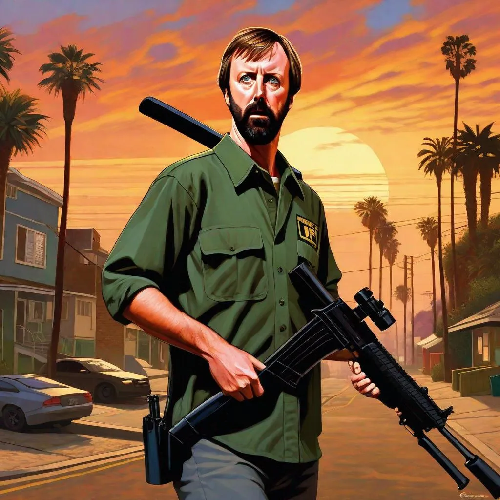 Prompt: Tom Green in GTA San Andreas guns, thugs, money, guns, ski masks, baseball bats, cityscape atmosphere, box art style, Insanely fine hyper detailed painting by Greg Rutkowski and by Henry Justice Ford and by Steve Henderson, detailed artwork by Roxie Vizcarra and by Stephen Bliss.