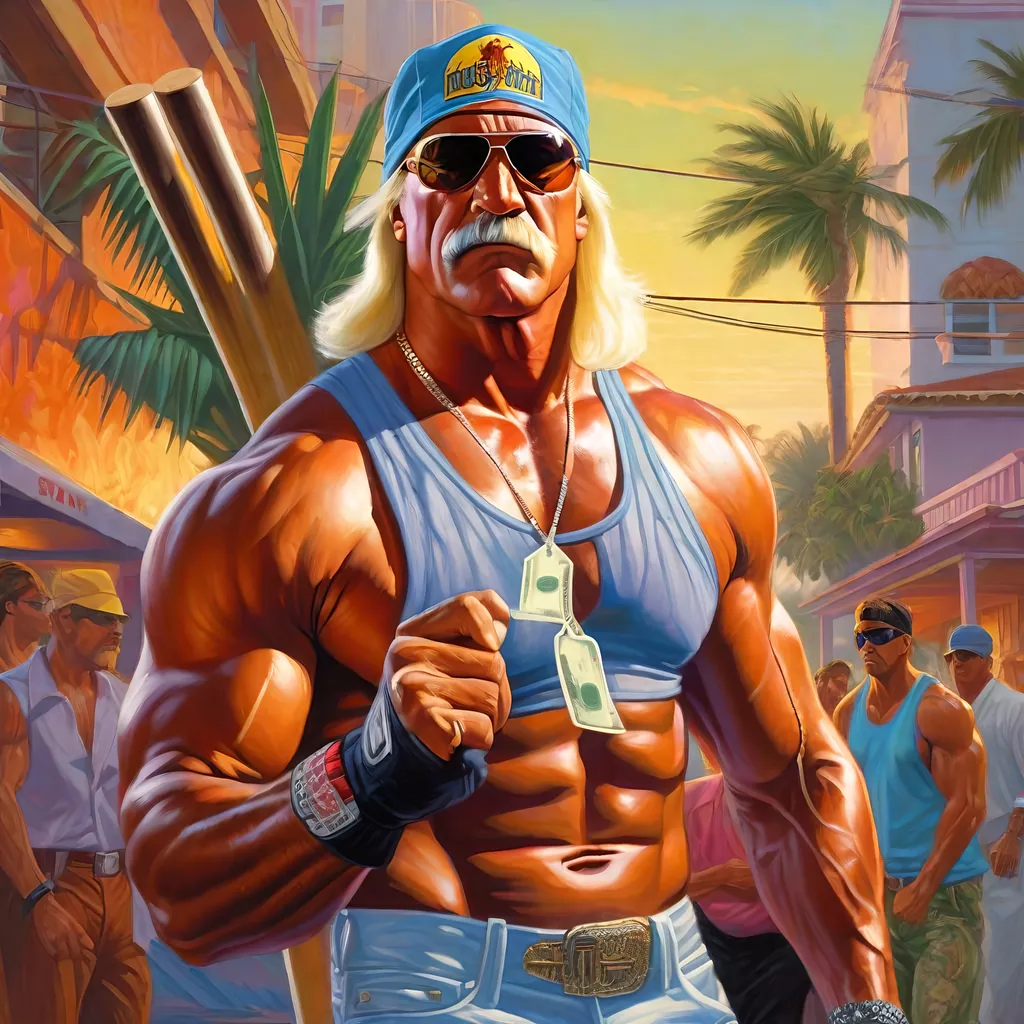 Prompt: Young  Hulk Hogan  GTA Vice City,  Guns, thugs, money, guns, ski masks, baseball bats, cityscape atmosphere, box art style, extremly hyper detailed painting by Greg Rutkowski and by Henry Justice Ford and by Steve Henderson, detailed artwork by Roxie Vizcarra and by Stephen Bliss.