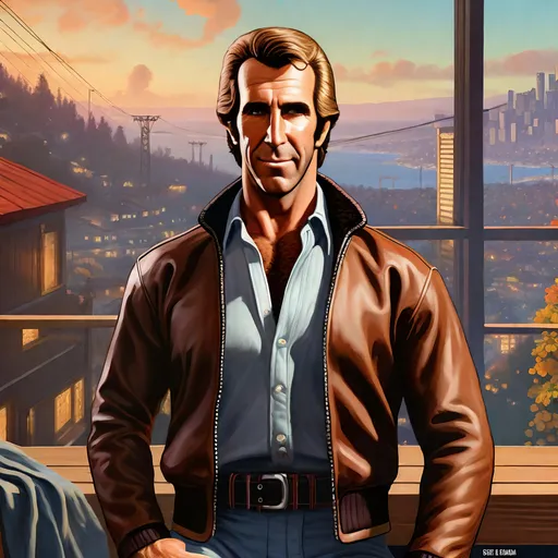 Prompt: The Fonz in GTA6. guns, thugs, money, guns, ski masks, baseball bats, twin cities atmosphere, box art style, Fully detailed painting by Greg Rutkowski and by Henry Justice Ford and by Steve Henderson, Expertly and professionally detailed artwork by Roxie Vizcarra and by Stephen Bliss.
