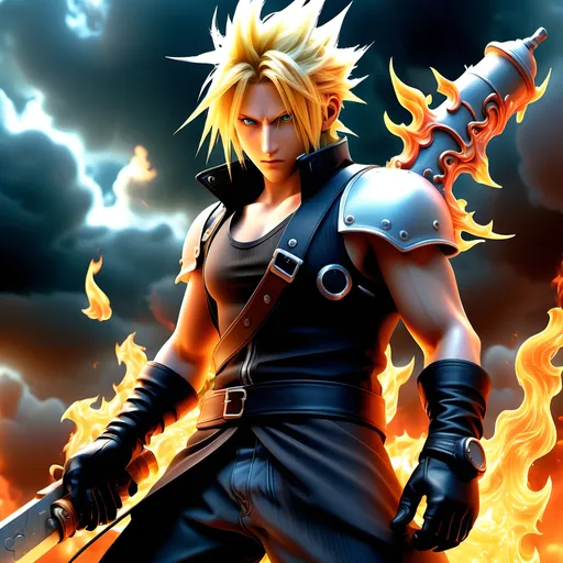 Prompt: quantumly detailed artistic, intricate, integrated, and perfectly proffesionally detailed wallpaper artwork of quantumly detailed majestic, magical,  creative intelligent generation that leaves an epic euphoria with highest resolution highest quality,  final fantAsy 7 theme action photoshoot cloud fighting with bustersword on fire high quantum detailed flames in the style of twirling