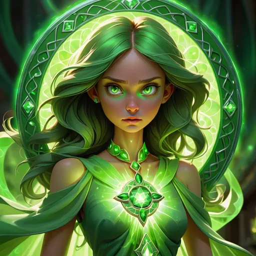 Prompt: Girl of green magic dressed in green. Charges of green energy disburst from green aura that surrounds her. Detail medallian green jewel on dress