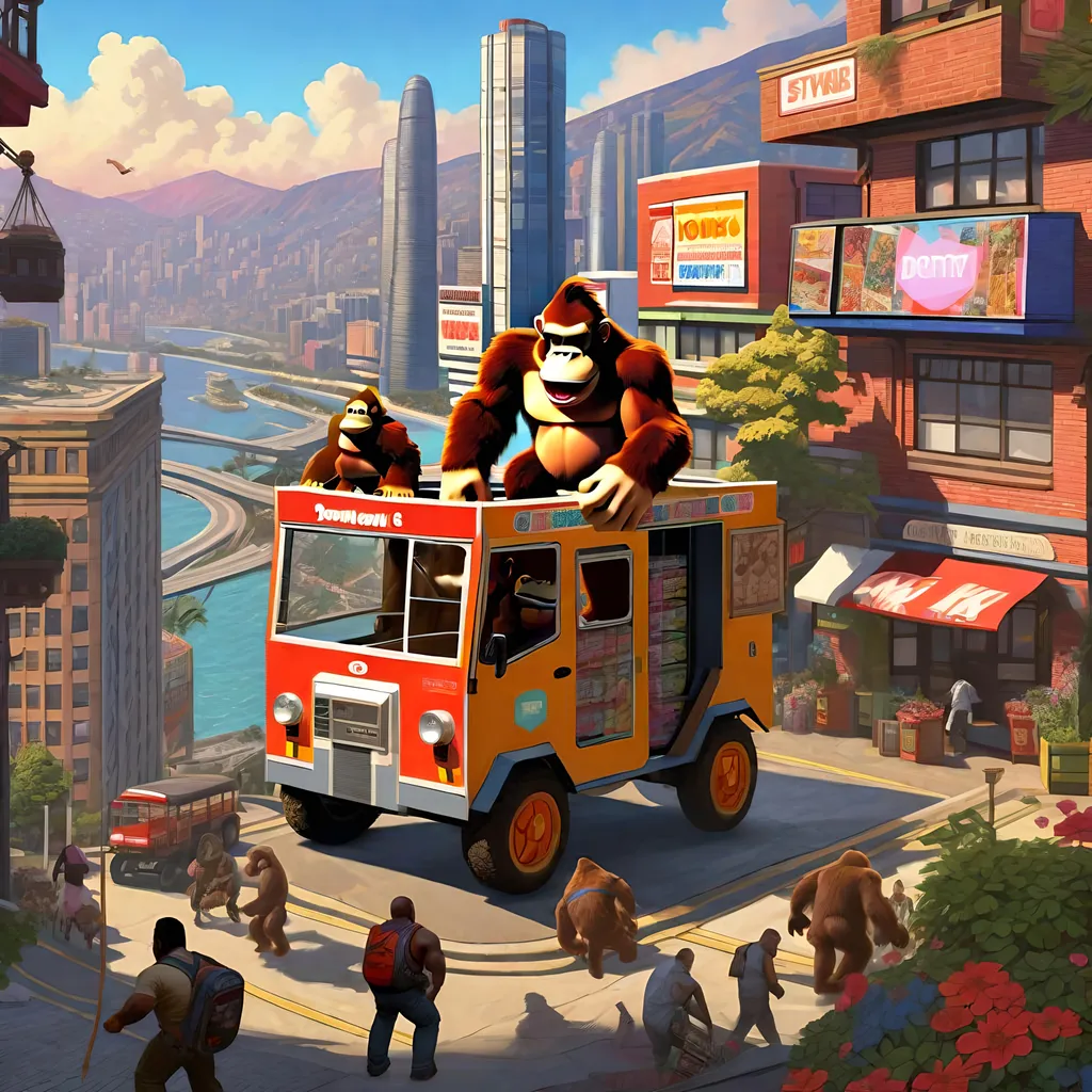 Prompt: Donkey Kong in GTA6. guns, thugs, money, guns, ski masks, baseball bats, Cityscape Collage atmosphere, box art style, Fully detailed painting by Greg Rutkowski and by Henry Justice Ford and by Steve Henderson, Expertly and professionally detailed artwork by Roxie Vizcarra and by Stephen Bliss.