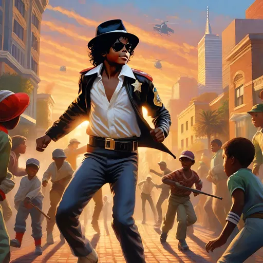 Prompt: Micheal Jackson dances as a young boy in GTAV. guns, thugs, money, guns, ski masks, baseball bats, cityscape gang life atmosphere, box art style, Fully detailed painting by Greg Rutkowski and by Henry Justice Ford and by Steve Henderson, detailed artwork by Roxie Vizcarra and by Stephen Bliss.