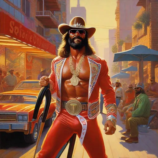 Prompt: 1975"s  Macho man randy savage  GTAV,  Guns, thugs, money, guns, ski masks, baseball bats, cityscape atmosphere, box art style, extremly hyper detailed painting by Greg Rutkowski and by Henry Justice Ford and by Steve Henderson, detailed artwork by Roxie Vizcarra and by Stephen Bliss.