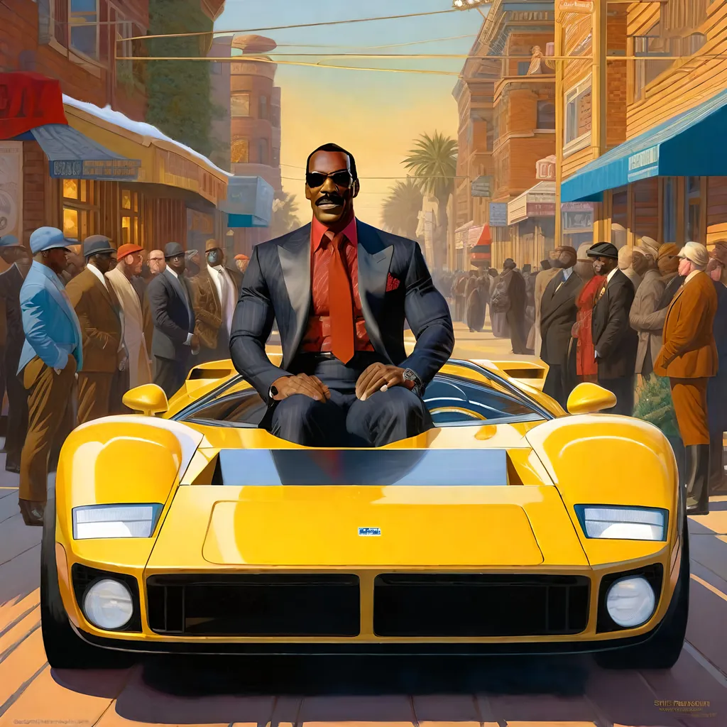 Prompt: Eddie Murphy GTA6. guns, thugs, money, guns, ski masks, baseball bats, twin cities atmosphere, box art style, Fully detailed painting by Greg Rutkowski and by Henry Justice Ford and by Steve Henderson, Expertly and professionally detailed artwork by Roxie Vizcarra and by Stephen Bliss.