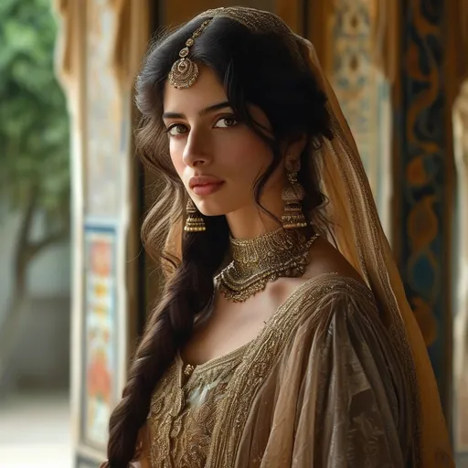 Prompt: realistic photograph of a 17 century Islamic Mughal court dancer Laila with long curly brown hair wearing dupatta in the courtyard garden  