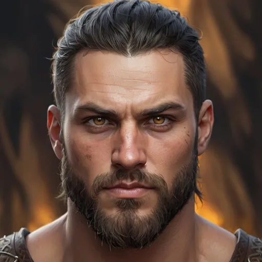 Prompt: Portrait of male, viking style, no clother, jet black hair, amber yellowish eyes, face, very muscular, fantasy, intricate, elegant, thick beard highly detailed, digital painting, artstation, concept art, smooth, sharp focus, illustration, 27 years