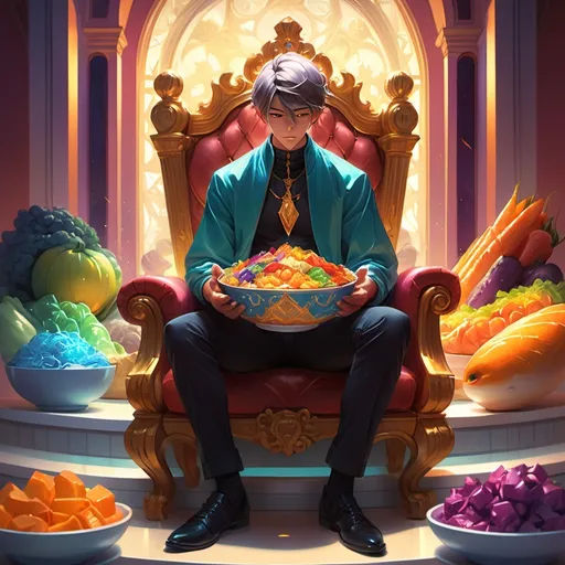 Prompt: (aestheticism), a man sittin dimond throne , bowl of colorful food in front of him, phone softly glowing in the background, (anime art) style by Artgerm, rich textures, vibrant color palette, warm and inviting ambiance, intricate details in the painting, emphasis on facial expression and posture, (highly detailed) masterpiece, captivating and emotive atmosphere.