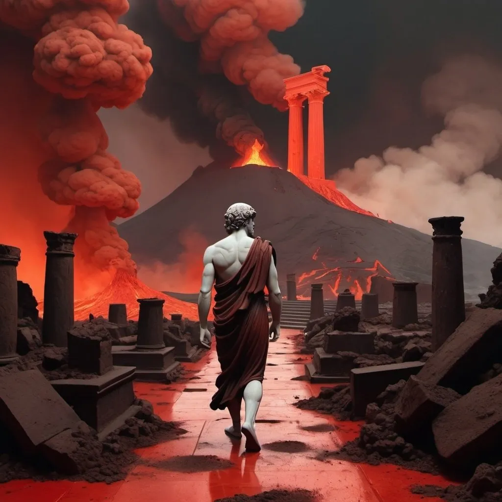 Prompt: Cartoon aesthetic - beautiful stoic Greek statue walking through hell. Red floor/dirt, ruins, volcanos in the background, smoke, fire, darkness