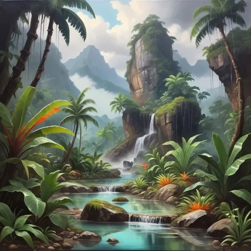 Prompt: Oil painting aesthetic, pirate treasure in a wet & rain in a tropical jungle with plants, tropical vibe, natural ponds with clean water, rocks, mountains, fog, dirt, clouds