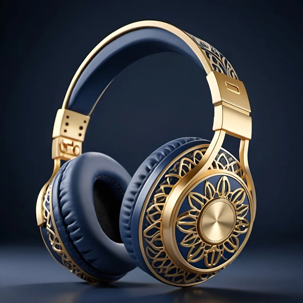 Prompt: Shiny Gold and navy blue hifi headphones with an open back design. Intricate patterns. 

high resolution, 4k, detailed, high quality, professional. 