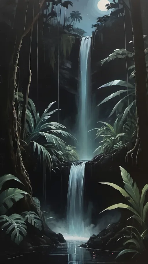 Prompt: -oil painting aesthetic
-a dark waterfall at night
-jungle/forrest vibes