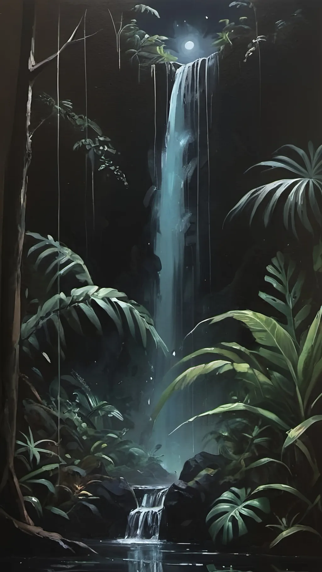 Prompt: -oil painting aesthetic
-a dark waterfall at night
-jungle/forrest vibes