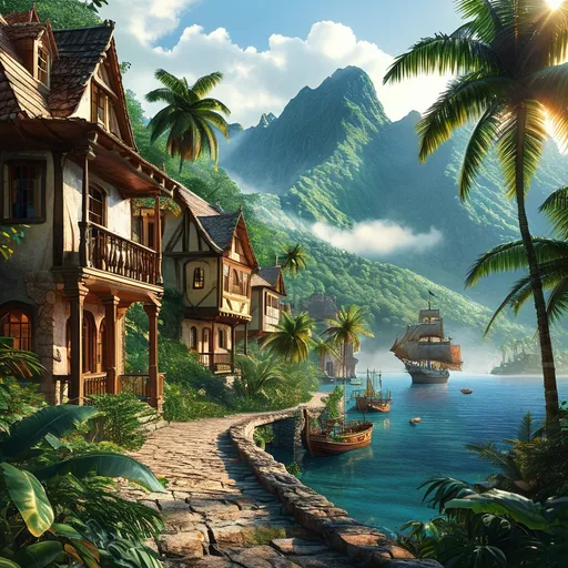 Prompt: majestic mountains covered in fog in a tropical jungle. 1800’s Victorian village in the mountains. Pirate ships at the docks. 
Sunny day. 