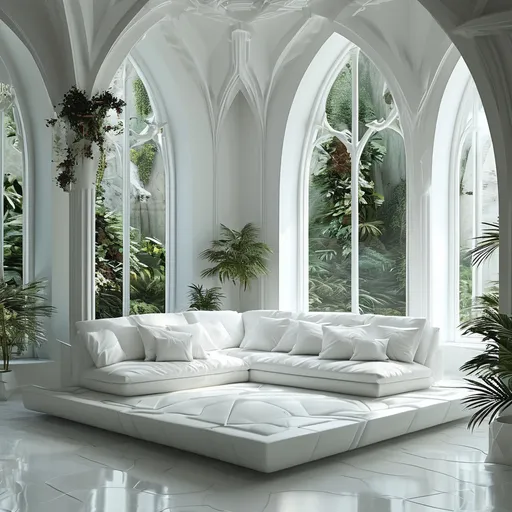 Prompt: white, geometric renaissance interior depth-plunged over a lush dreamscape