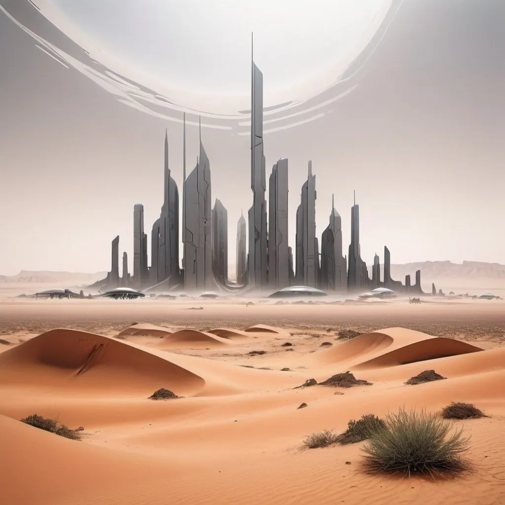 Prompt: an expansive desert with earthy colours and a giant grey wall surrounding a futuristic city in the centre
