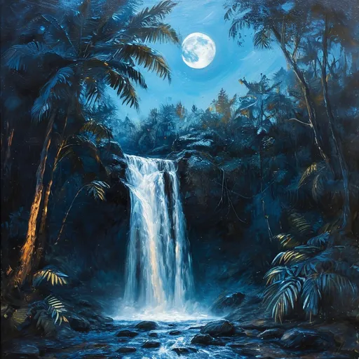 Prompt: -oil painting aesthetic
-a waterfall at night
-adventure genre jungle/forrest vibes
-blue moonlight through trees