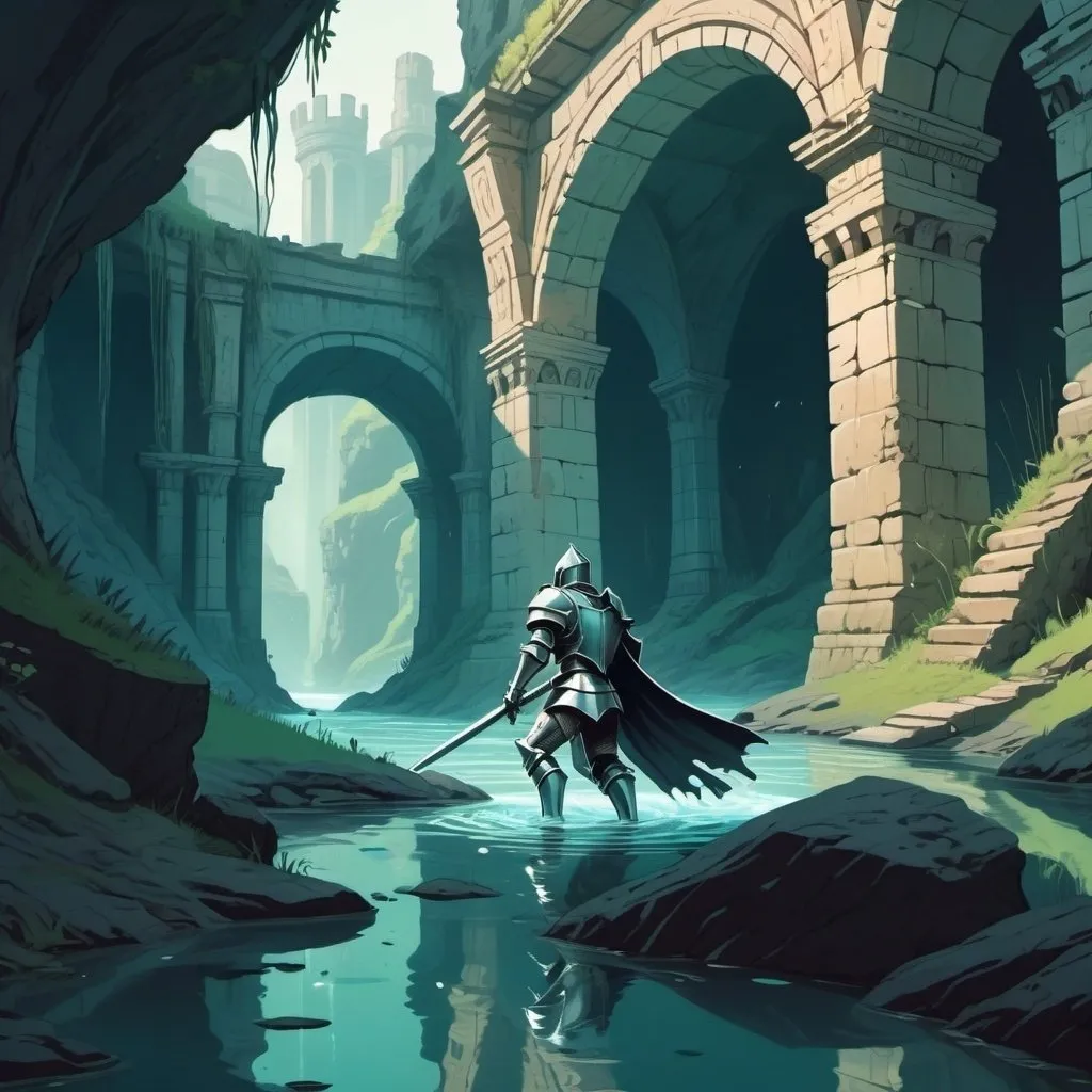 Prompt: Cartoon aesthetic of a fantasy knight crawling through water in a ravine from a distance with ancient structures and ruins in the side of the ravine