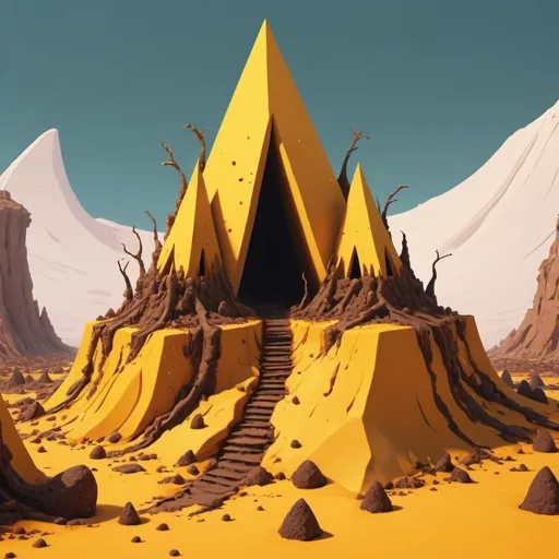 Prompt: cartoon aesthetic - cinematic anthill temples, triangle-masked into melted butter cliffs
