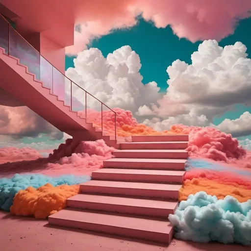 Prompt: colorful brut interiors pasted over a field of retrofuturistic clouds, with steps
