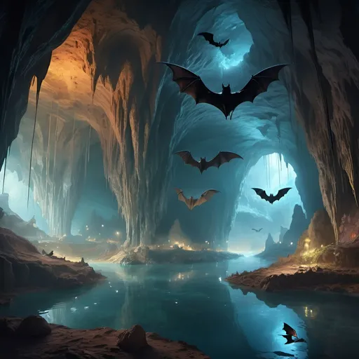 Prompt: Mesmerizing, vibrant, fantastical landscape of a gigantic cave with water and bats, sci-fi technology set up with computer screens, laser scanners, wiring and technology, hyper-realistic, oil painting, ethereal atmosphere, intricate details, high quality, hyper-realistic, dreamy, fantastical, professional lighting