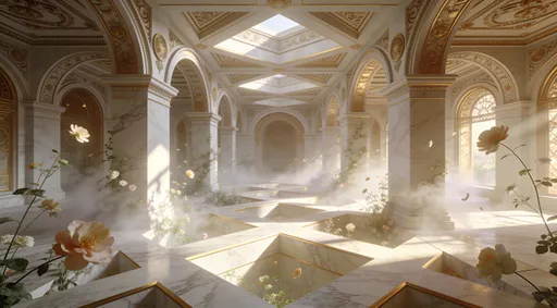 Prompt: white, geometric renaissance interior depth-plunged over a lush dreamscape