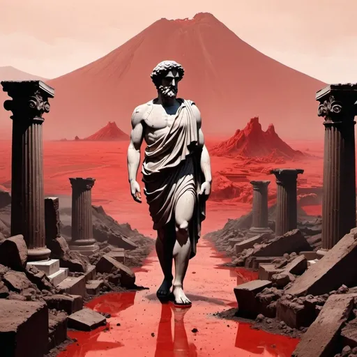 Prompt: Cartoon aesthetic - beautiful stoic Greek statue walking through hell. Red floor/dirt, ruins, volcanos in the background 