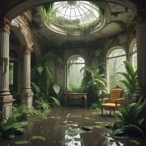 Prompt: cartoon aesthetic - baroque house interior destroyed with a tropical forrest growing through it. Raining and flooded
