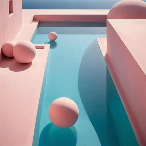 Prompt: geometric pools with cycladic influences and spheres, in pink and blue