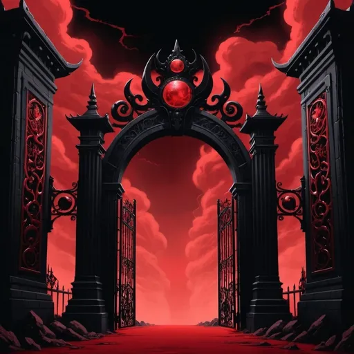 Prompt: Cartoon aesthetic - Gates of the underworld - Massive, red and black gates that reach to the sky with, partially open and exuding an aura of foreboding. 