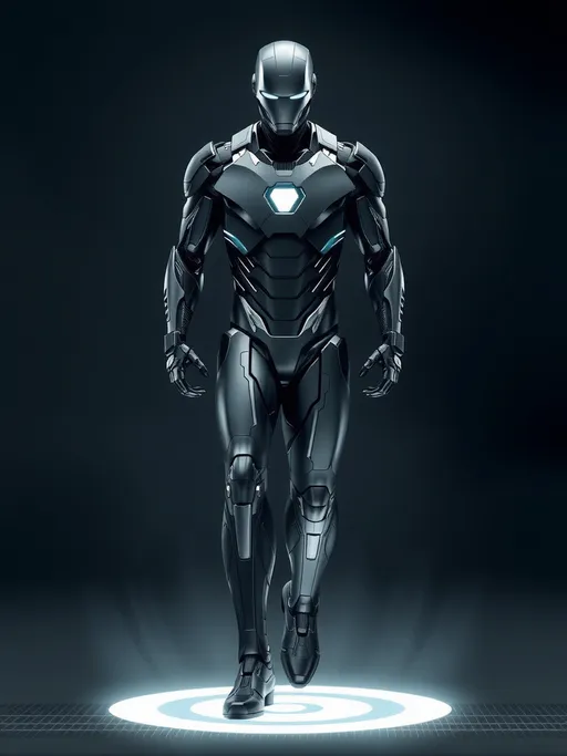 Prompt: modern, sleek, elegant, skin-tight black suit iron man