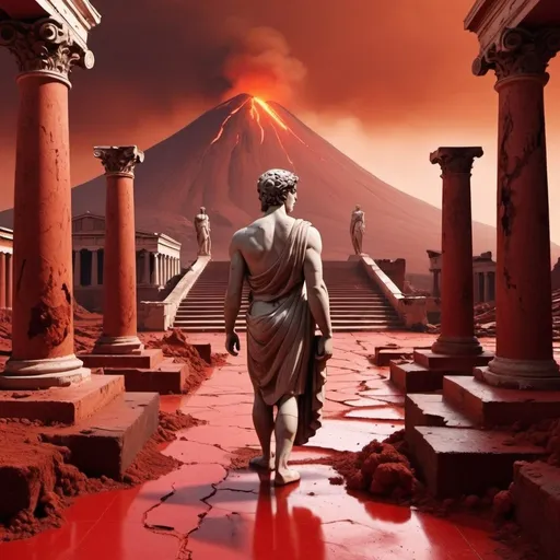 Prompt: Cartoon aesthetic - beautiful stoic Greek statue walking through hell. Red floor/dirt, ruins, volcanos in the background 