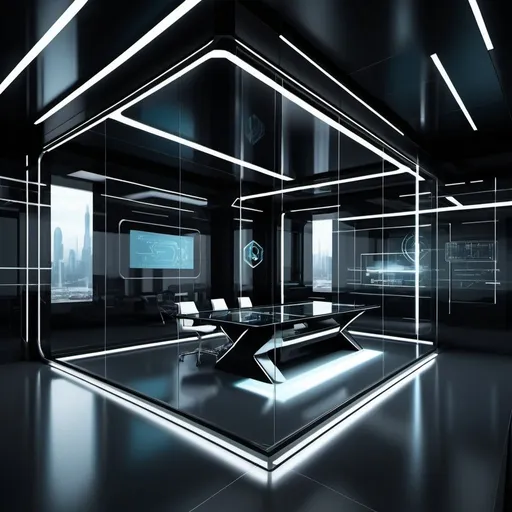 Prompt: black futuristic technology r&d room with glass walls. High quality, high resolution, realistic