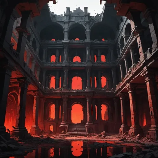 Prompt: Cartoon aesthetic & interor view of a large, structures which is now in ruins. Setting is in hell. 
There is no daylight but red and dark because its in hell.
The remnants are made out of black concete. I want a Treasure Room which is inside the bastion. Interior view only. Full of gold and jewels. 