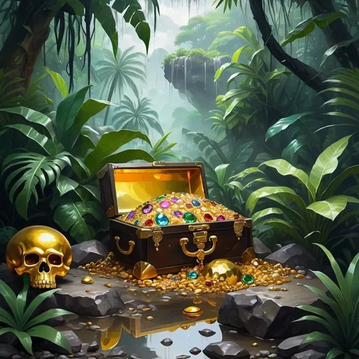Prompt: Oil painting aesthetic, pirate treasure like gold, jewels, silver, trophies, gems piled up on the ground in a raining tropical jungle with plants, tropical vibe, natural ponds with clean water, rocks, mountains, fog, dirt, clouds
