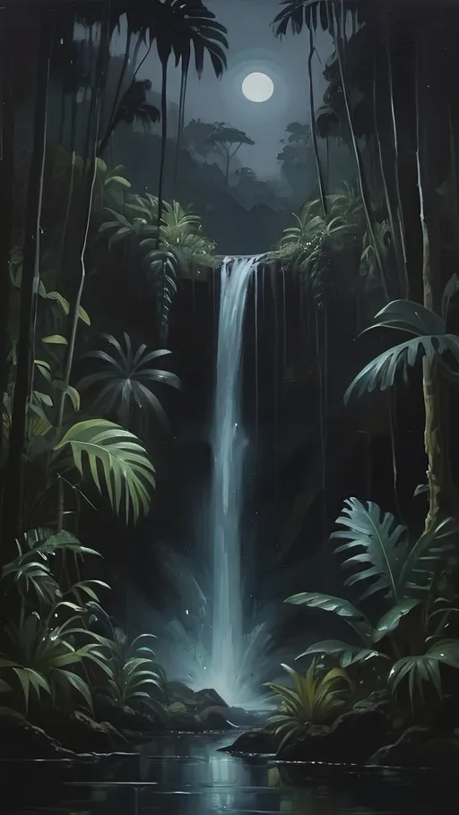 Prompt: -oil painting aesthetic
-a dark waterfall at night
-jungle/forrest vibes