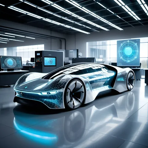 Prompt: Large futuristic technology r&d centre with glass walls & windows. holographic atomic printer printing a car.  High quality, high resolution, realistic