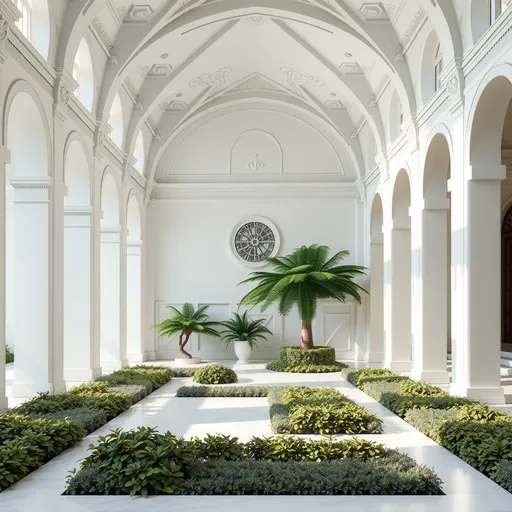 Prompt: white, geometric renaissance interior depth-plunged over a lush dreamscape