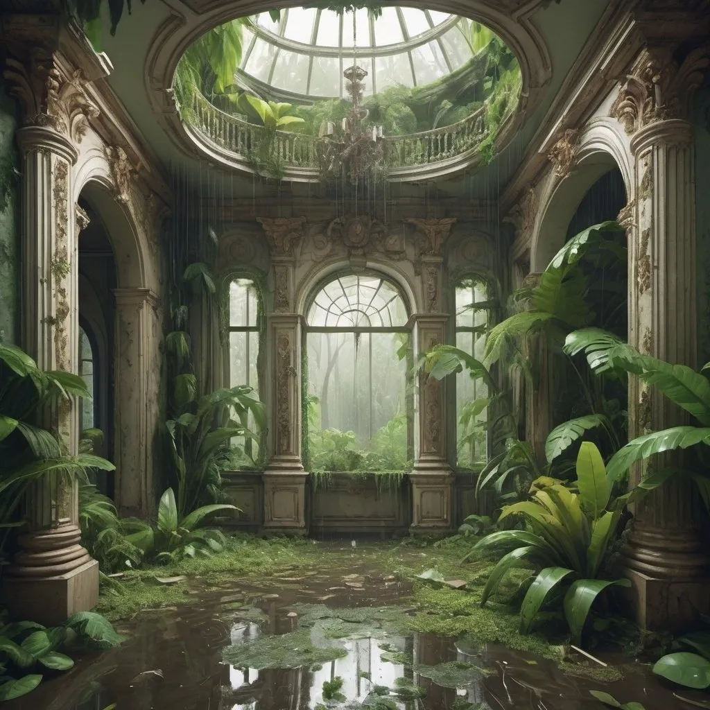 Prompt: cartoon aesthetic - baroque house interior destroyed with a tropical forrest growing through it. Raining and flooded
