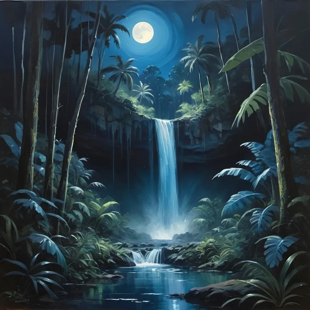 Prompt: -oil painting aesthetic
-a waterfall at night
-adventure genre jungle/forrest vibes
-blue moonlight through trees