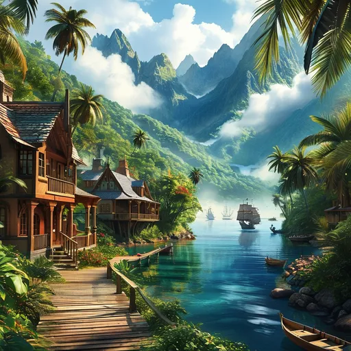 Prompt: majestic mountains covered in fog in a tropical jungle. 1800’s Victorian village in the mountains. Pirate ships at the docks. 
Sunny day. 