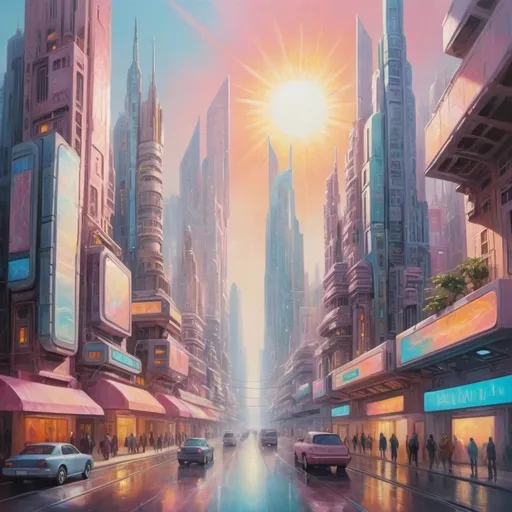Prompt: Futuristic city. Mesmerizing, vibrant, hyper-realistic, oil painting, sun-soaked, dreamy pastel hues, ethereal atmosphere, intricate details, high quality, dreamy, professional lighting
