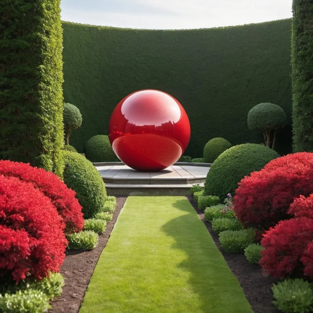 Prompt: a single, shiny red sphere sits in a geometric garden landscape