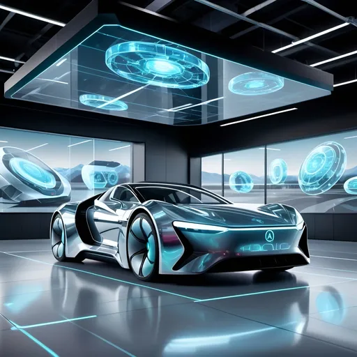 Prompt: Large futuristic technology r&d centre with glass walls & windows. holographic atomic printer printing a car.  High quality, high resolution, realistic