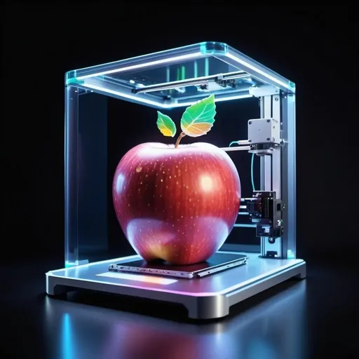 Prompt: Futuristic Holographic computer interfaces and controls, 3D molecular printer printing an apple, hyper-realistic, high quality, professional lighting