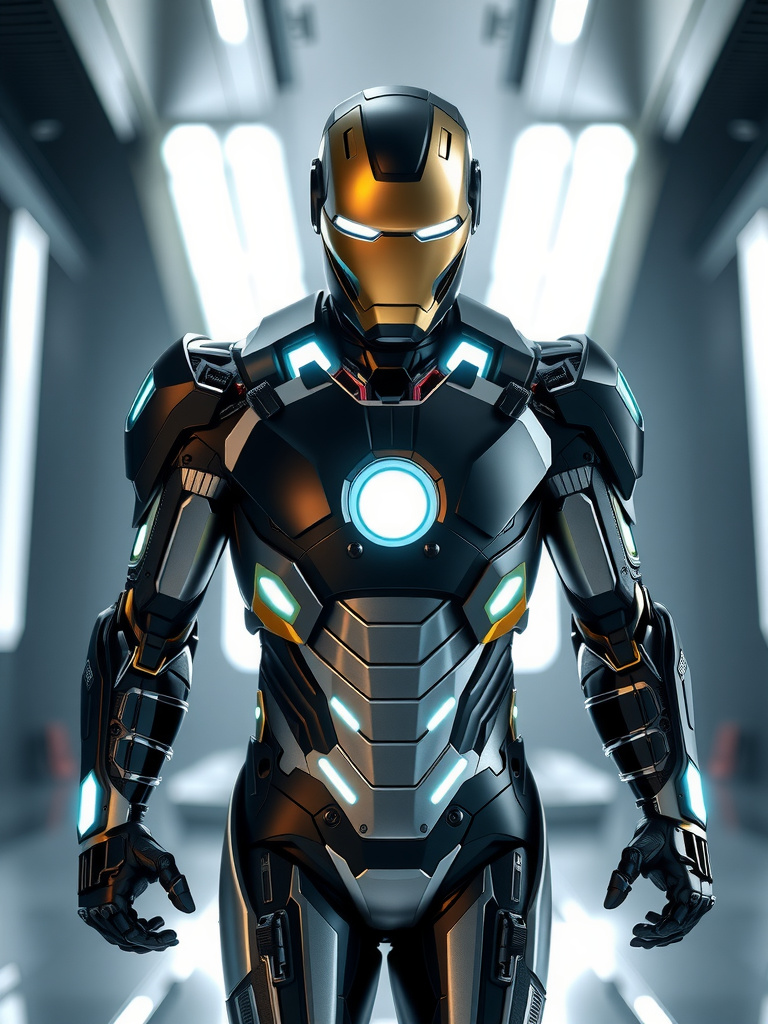 Prompt: modern, sleek, elegant, futuristic, skin-tight black suit iron man