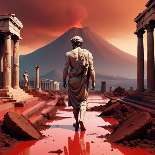 Prompt: Cartoon aesthetic - beautiful stoic Greek statue walking through hell. Red floor/dirt, ruins, volcanos in the background 